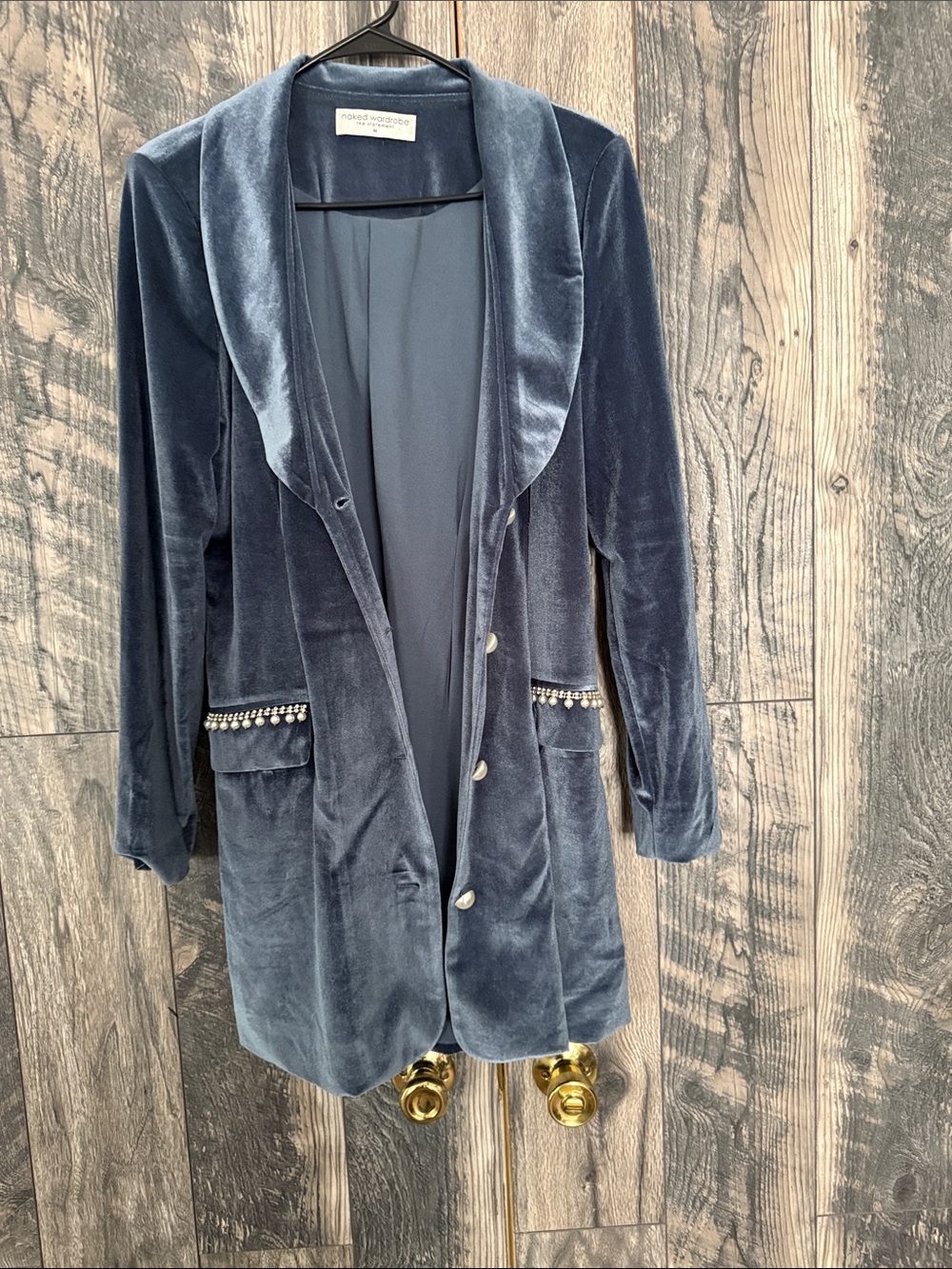 Naked Wardrobe Velvet Blazer Dress in Slate Blue with Embellished Pockets Medium